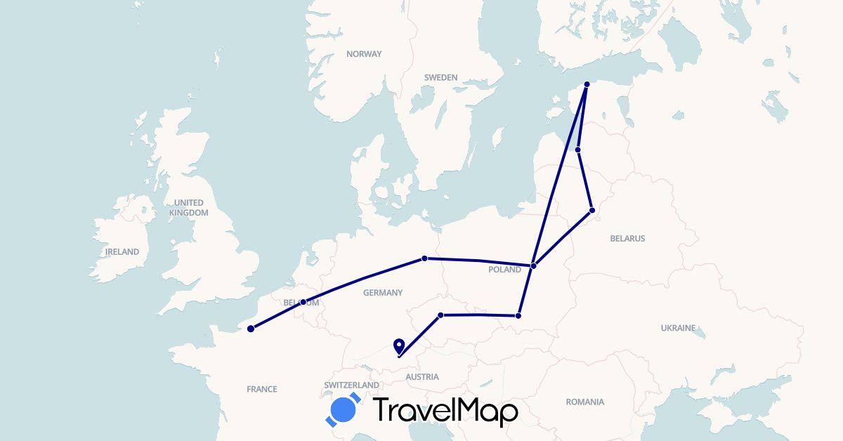 TravelMap itinerary: driving in Belgium, Czech Republic, Germany, Estonia, France, Lithuania, Latvia, Poland (Europe)